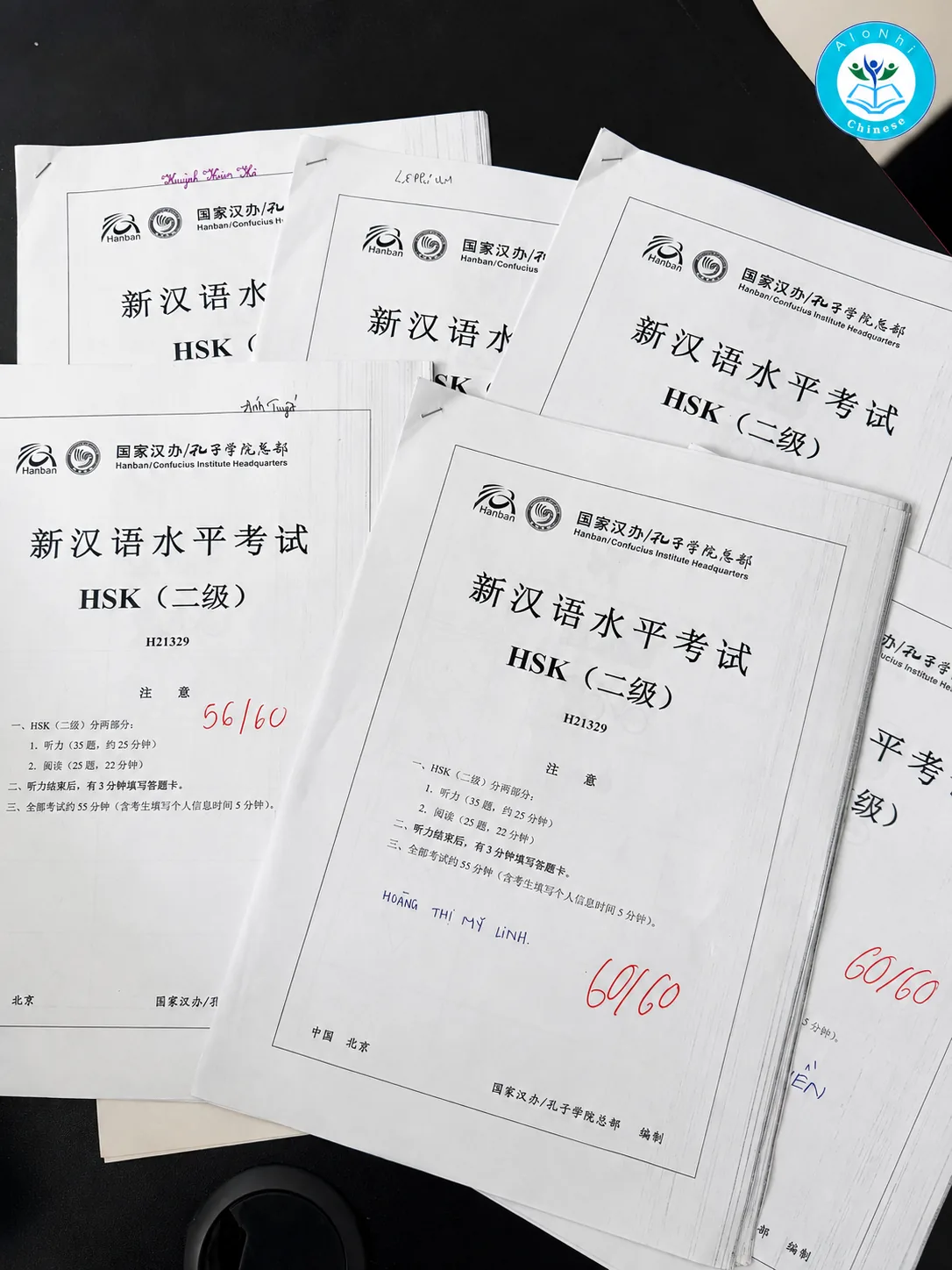 Bài thi thử HSK 2 của học viên Alonhi đạt 56/60 và 60/60